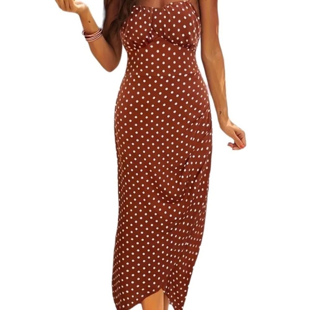 Polka-dot Print Split Hem Dress Fitted Bodice Spaghetti Straps